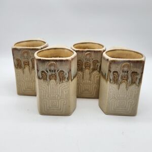 Signed Rodolfo Padilla Set Of 4 Aztec Art Pottery Stoneware Mugs Earth Colors